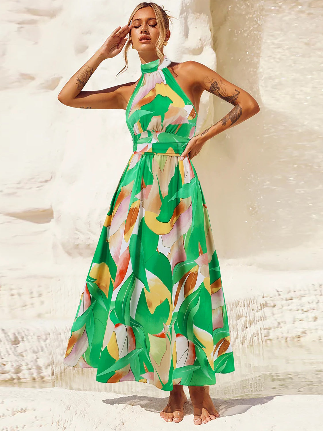 Ruched Printed Halter Neck Sleeveless Dress – True Envy Boutique