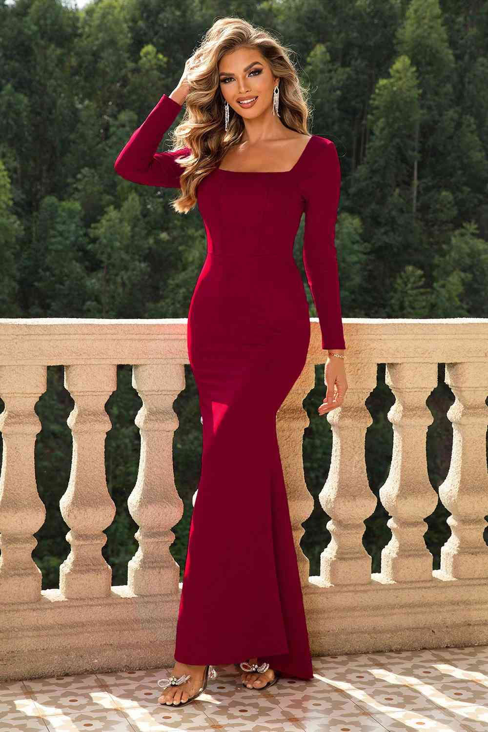 square neckline dress Square Neck Long Sleeve Dress
