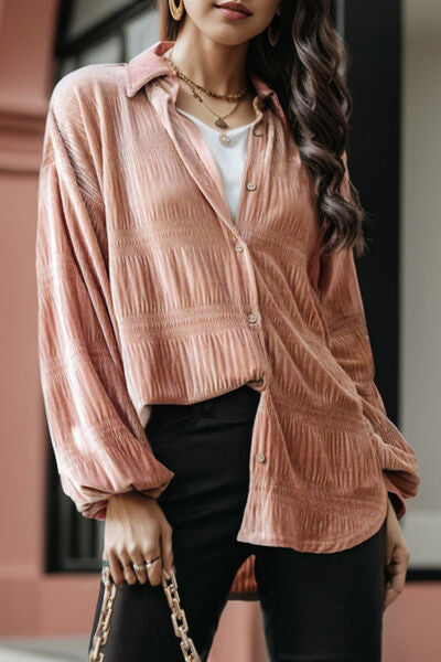 Ruched Button Up Collared Neck Shirt