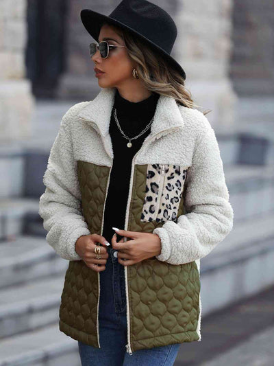 Leopard Color Block Zip-Up Jacket