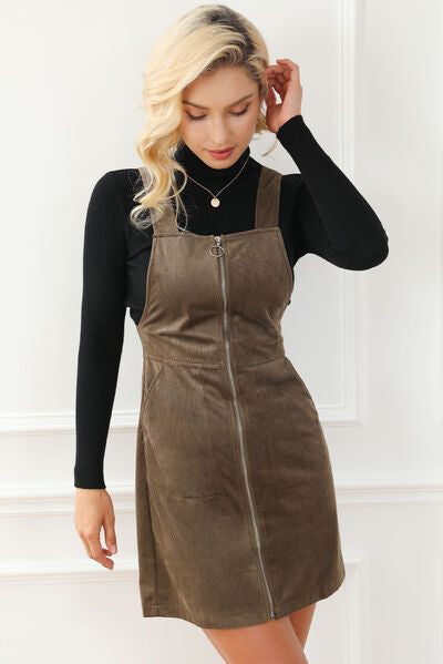 Pocketed Zip Up Wide Strap Mini Dress