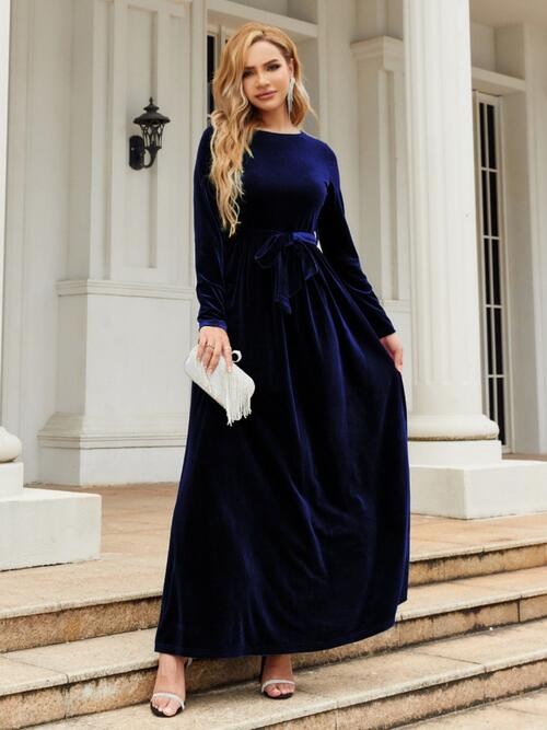 long sleeve tie front maxi dress Tie Front Round Neck Long Sleeve Maxi Dress