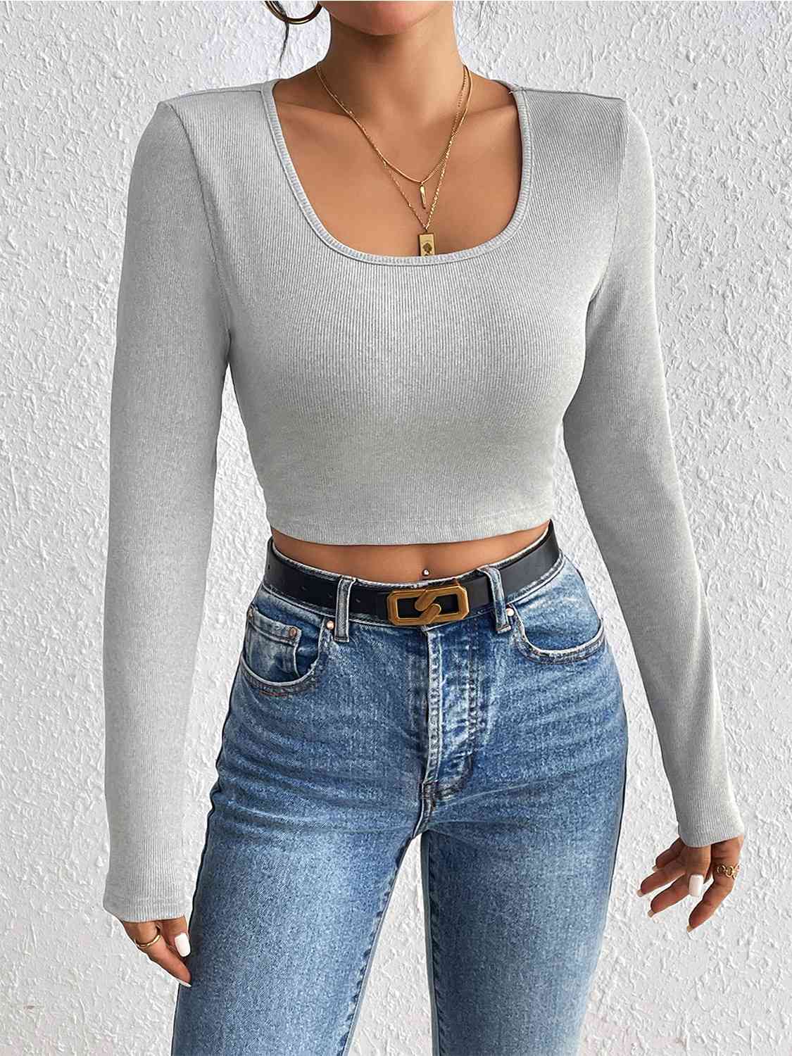 Scoop Neck Cropped Long Sleeve Blouse