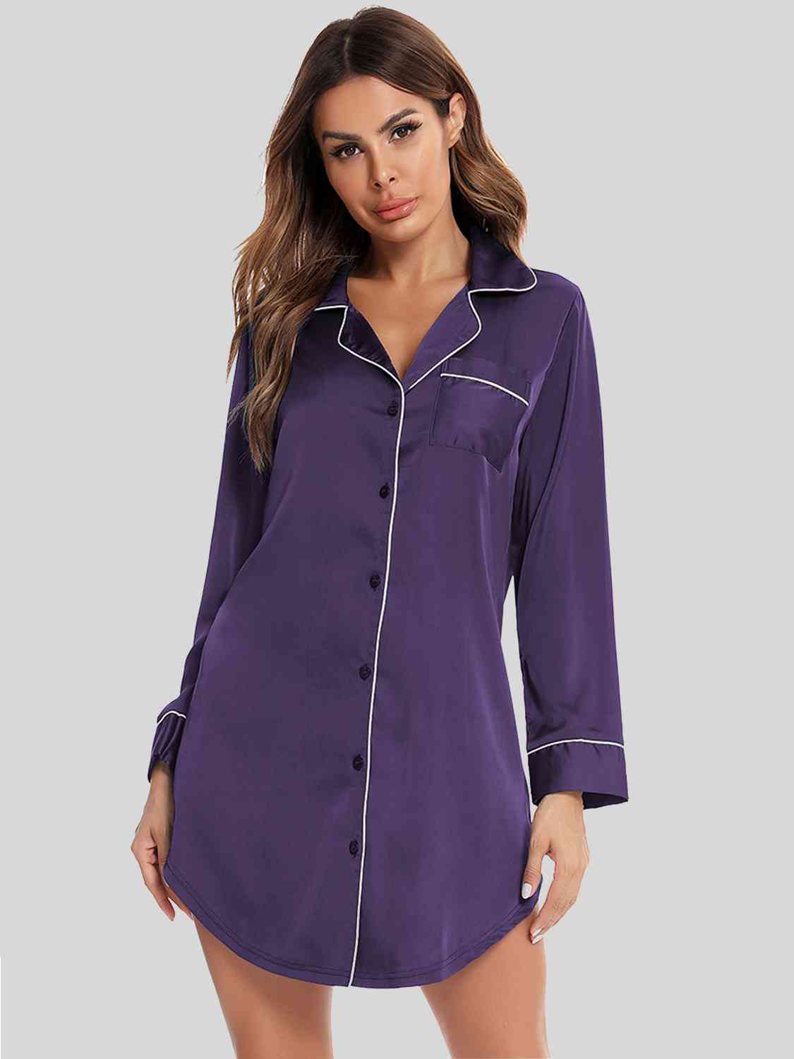 Button Up Lapel Collar Night Dress with Pocket